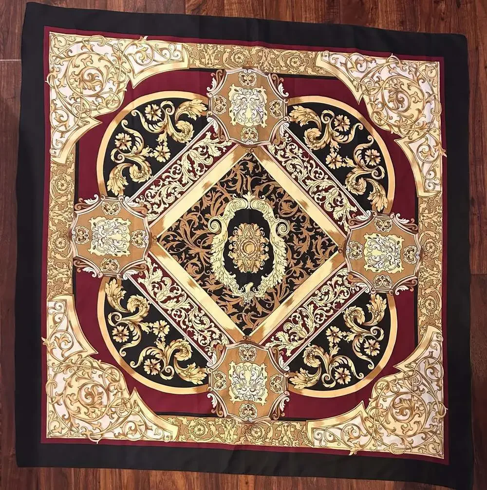 Vintage Baroque Print Square Silky Scarf Black Burgundy Gold, 35”